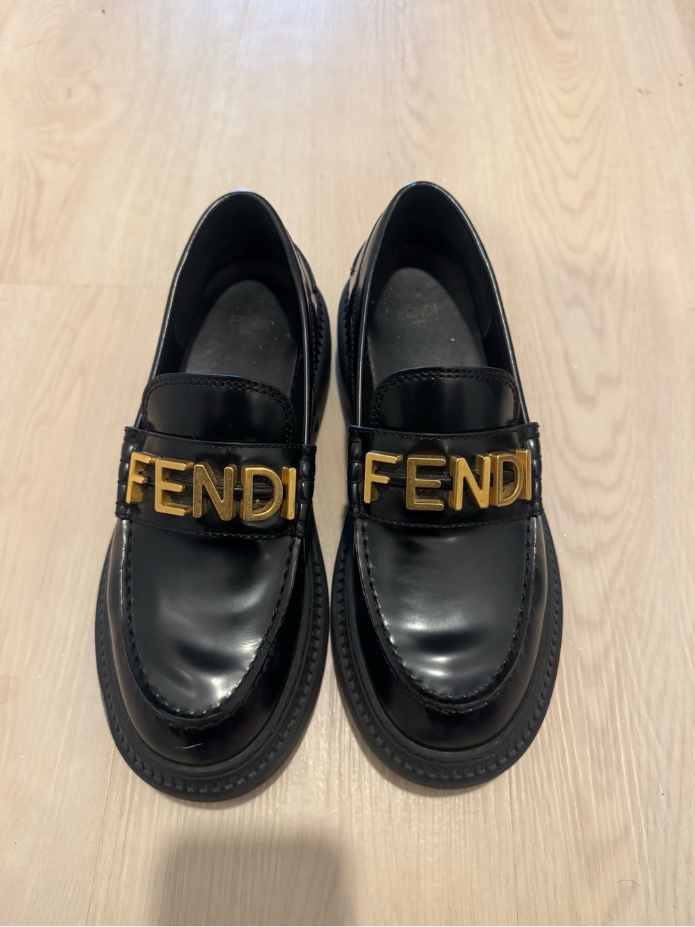 Fendi Black Leather Loafers with Gold FENDI Hardware